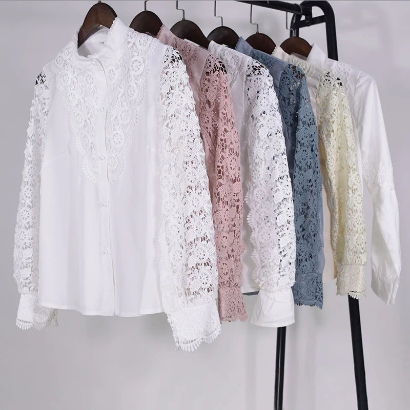 Women Elegant Embroidery Lace Blouse Shirt 2021 Spring Casual Long Sleeve Stand Collar Tops Office Lady Solid Color Blouse