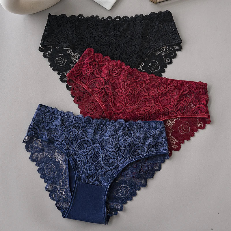3PCS/Set Luxury Floral Embroidery Lace Panties Women's Briefs Breathable Underwear