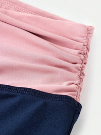 Trendy Girls Fold over Waist Flare Pants, Navy Blue & Pink Color Block Wide Leg Trousers for Daily & Y2K Style
