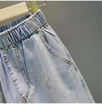 High waisted Jeans For Summer 2026 New Loose Elastic waist Hot pressed Diamond Pants Women's Casual Denim Trousers
