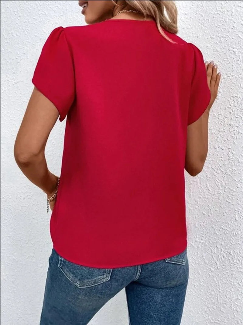 Elegant Women Blouse 2023 Summer Solid Short Sleeve Red Shirt Hollow Lace Panel Female Office Social Chiffon Blouses And Shirts