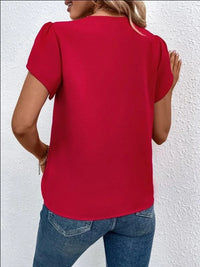 Elegant Women Blouse 2023 Summer Solid Short Sleeve Red Shirt Hollow Lace Panel Female Office Social Chiffon Blouses And Shirts