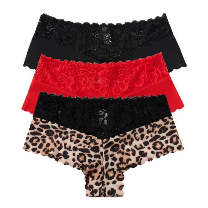 Women's 3-Piece Leopard Lace Panties Underwear Solid Color Knickers Set