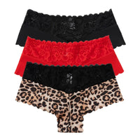 Women's 3-Piece Leopard Lace Panties Underwear Solid Color Knickers Set