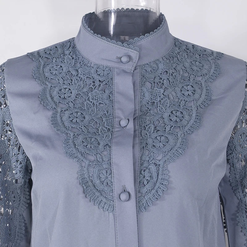 Women Elegant Embroidery Lace Blouse Shirt 2021 Spring Casual Long Sleeve Stand Collar Tops Office Lady Solid Color Blouse