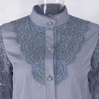 Women Elegant Embroidery Lace Blouse Shirt 2021 Spring Casual Long Sleeve Stand Collar Tops Office Lady Solid Color Blouse