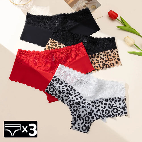 Women's 3-Piece Leopard Lace Panties Underwear Solid Color Knickers Set