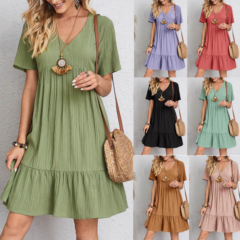 2026 Summer European And American Women's Loose Casual Short Sleeved Waist Flowing Dress